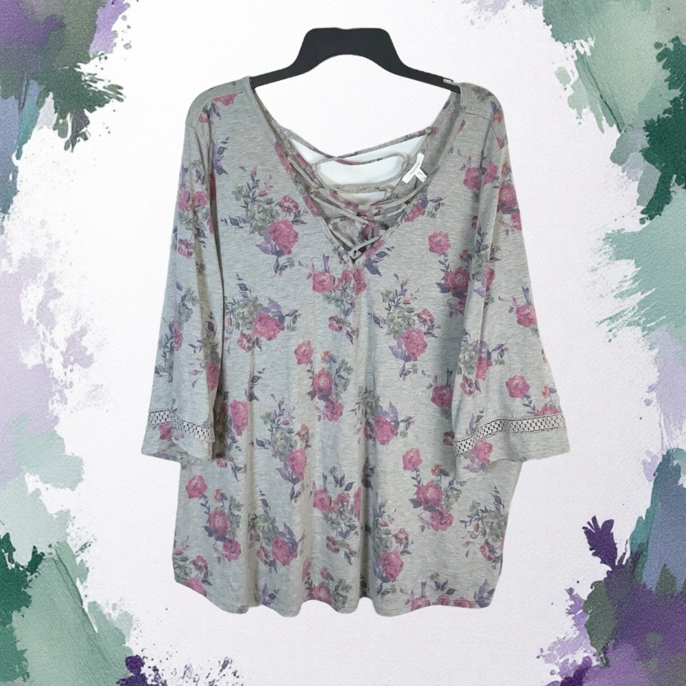 Maurices Gray with Purple, Deep Rose, Green Floral Print 3/4 Sleeves Top Wm 3X